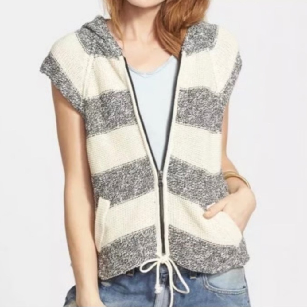 Free People Regatta Striped Knit Zip Front  Hooded Sweater.